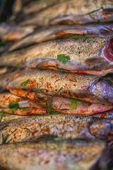 summer garden party with grilled fish and herbs, grilled trout