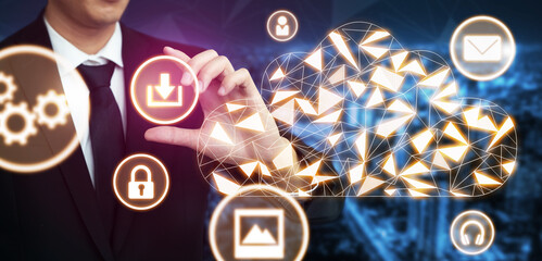 Cloud computing technology and online data storage for global data sharing. Computer connects to...