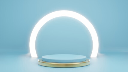 3d rendering of cyan background with product stand glow light ring and gold