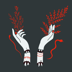 Vector witchy hands illustration with grey background. Witch hands illustration.