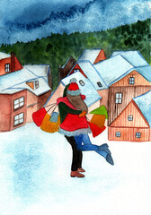 Watercolor winter postcard,card,poster.Loving couple hugging and spinning.Christmas and New Year shopping.