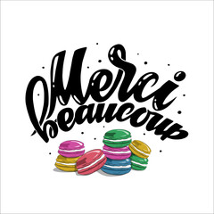 Merci beaucoup ink brush vector calligraphy. French thanks handwritten lettering with colorfull macarons