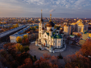 Fototapeta premium Evening autumn Voronezh, Annunciation Cathedral, aerial drone view