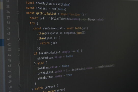The program javascript code on the computer black screen. The concept of website, internet, cyber security, hacking and software