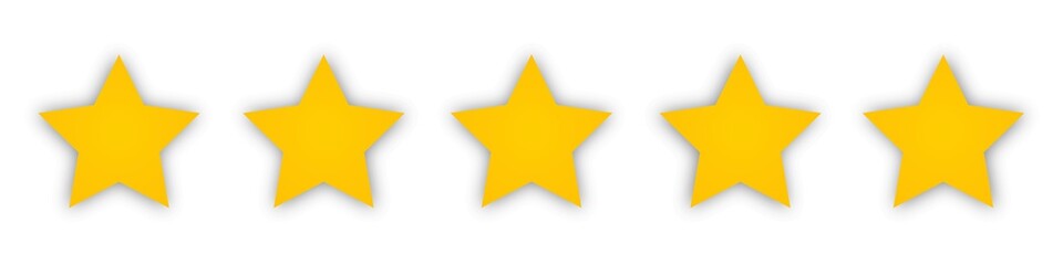 five star rating. 5 golden stars shape isolated satisfaction rate icon. gold service. yellow customer feedback concept on white background.