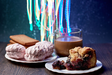 homemade cake with coffee and marshmallows on a colorful background best dinner after work