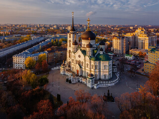 Evening autumn Voronezh, Annunciation Cathedral, aerial drone view