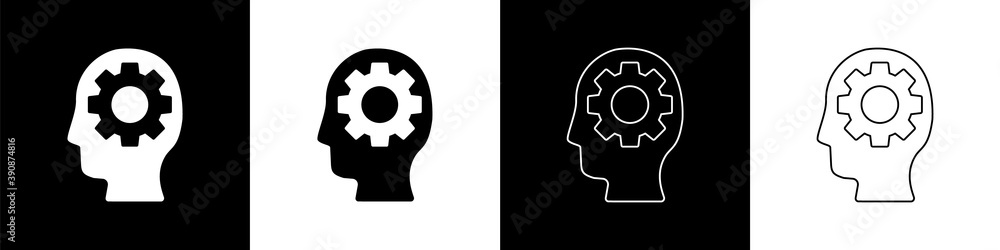 Poster Set Human head with gear inside icon isolated on black and white background. Artificial intelligence. Thinking brain. Symbol work of brain. Vector.