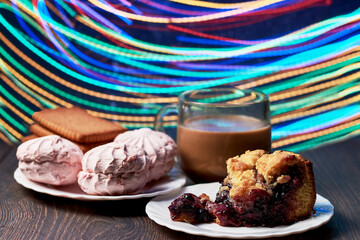 homemade cake with coffee and marshmallows on a colorful background best dinner after work
