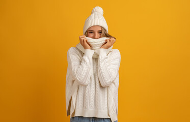 young smiling happy pretty blond woman wearing white knitted sweater, scarf and hat, warm winter...