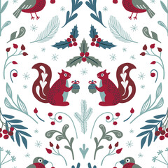 Cute seamless Christmas pattern with squirrels, bullfinches and winter flora. Vector.