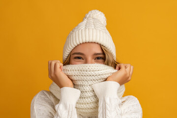 young smiling happy pretty blond woman wearing white knitted sweater, scarf and hat, warm winter...