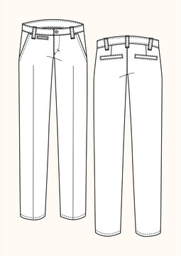 Pantalone chino uomo slim fit tasche a filetto disegno piatto sketch fashion illustration fronte e retro mock up vettoriale