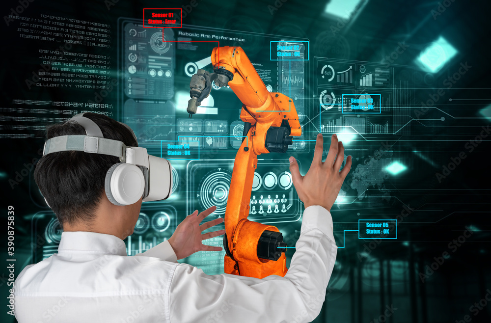 Poster engineer controls robotic arms by augmented reality industry technology application software. smart 