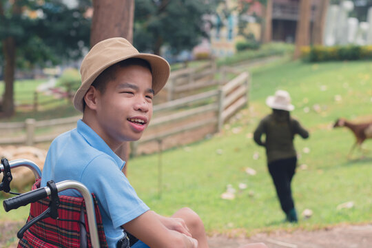 Asian disabled child on wheelchair smiling in the sheep farm,Boy very emotional, gentle and wanted pet like a normal person,Life in the education age of disabled children,Happy disability kid concept.