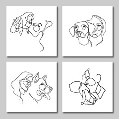 Set of line art illustrations of dogs and people. One line art