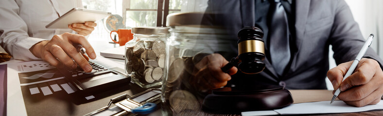Business and lawyers discussing contract papers with brass scale on desk in office. Law, legal services, advice, justice and law concept picture with film grain effect