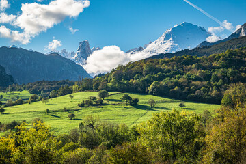 Mountain landscape of Asturias with emblematic Picu Uriellu on the horizon. Picos de Europa...