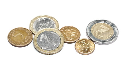 Bulgarian metal coins, lev isolated on white background, side view
