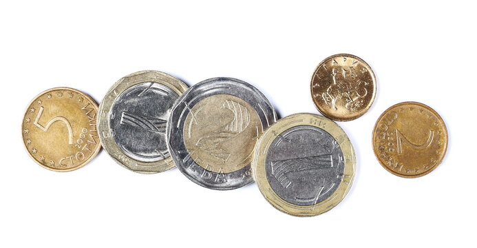 Bulgarian metal coins, lev isolated on white background, top view