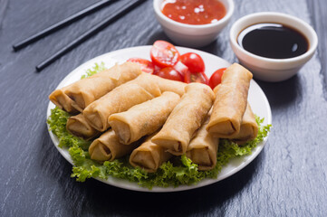 Fried spring rolls with vegetables on rustic background