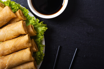 Fried spring rolls with vegetables on rustic background