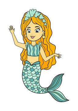 Cute little mermaid on a white background. Coloring book in color, vector image. All elements are editable. A cute girl greets and waves her hand. Underwater world and sea adventures for kids coloring