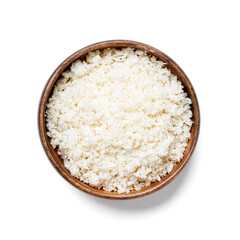 Freshly grated raw cauliflower rice in wooden bowl isolated on white background