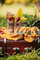 Autumn coziness, yellow and red foliage. Old boots with foliage inside knitted sweater on the brown vintage suitcase in autumn forest. Shoes with leaves.