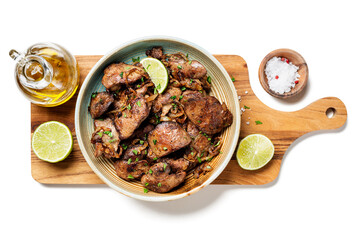 Fried chicken liver with onions and herbs. top view .isolated on white background