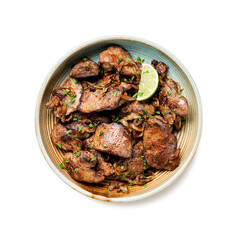 Fried chicken liver with onions and herbs. top view .isolated on white background