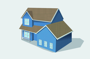 Concept Illustration of a woden made painted blue detouched house, building, 3D illustration, editable vector file, residential
