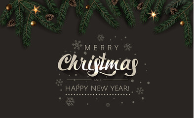 Christmas Celebration tree branches with fir-cones, gold stars and gold beads on Rich Dark background. Merry Christmas and Happy New Year Greeting card illustration.