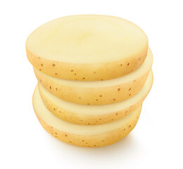 Raw potato slices on top of each other isolated on white background