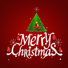 Christmas Greeting Card. Merry Christmas lettering with Christmas tree, vector illustration.