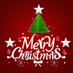 Christmas Greeting Card. Merry Christmas lettering with Christmas tree, vector illustration.