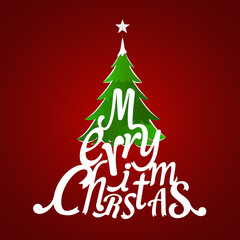 Christmas Greeting Card. Merry Christmas lettering with Christmas tree, vector illustration.