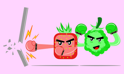 Illustration vector graphic cartoon character of strawberry and grape destroy the wall with a smash hit