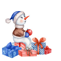 Watercolor illustration with cute snowman isolated on the white background.Hand painted watercolor clipart. Christmas composition, new year holiday.