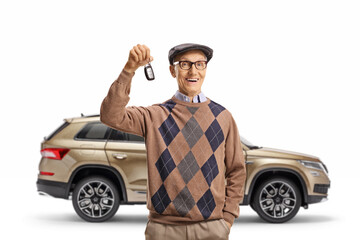 Elderly man with a brand new SUV showing a car key