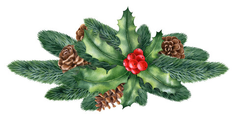 Watercolor illustration with winter plants,cones, holly isolated on the white background.Hand painted watercolor clipart. Christmas composition, new year holiday. - 390883213