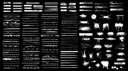 Collection of black paint. Spray paint elements, brush stroke, black splashes set. Sketch grunge charcoal, texture rough scratching pencil chalk line,freehand doodle scribble stroke art brushes vector - obrazy, fototapety, plakaty