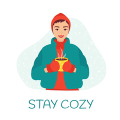 Young smiling woman in modern clothes holds a mug with a hot drink in her hand. Snowflakes on  background. Сoncept of a cozy winter, cute postcard, banner, poster. Isolated vector illustration
