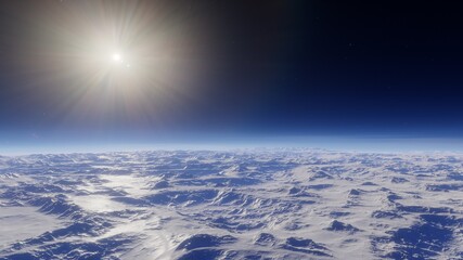 science fiction landscape, view from a beautiful planet, beautiful space background, alien planet landscape 3d render
