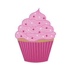Sweet cupcake with pink frosting.Coffee break party element in flat cartoon style. Vector illustration isolated on white background. 