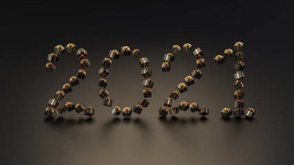 Black gift boxes with golden ribbon on black background, concept for Merry Christmas and New Year 2021. 3D Rendering