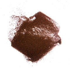 Pile ground coffee on white background isolated, top view