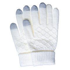 White warm winter gloves on white background isolation, top view