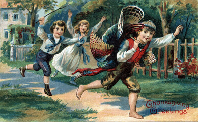Boy running with turkey, friends chasing after. Vintage Thanksgiving Theme Postcard, restored artwork, colors and details enhanced. Festive Autumn illustrations from the past. 800 dpi