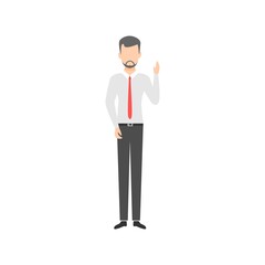 Young man with raised hand. Businessman raising up his arm. Manager greeting someone. Vector illustration isolated on white.